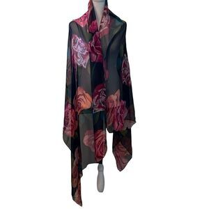 Collectioneighteen black w/pink flowers sheer scarf wrap Approx 73” long EUC